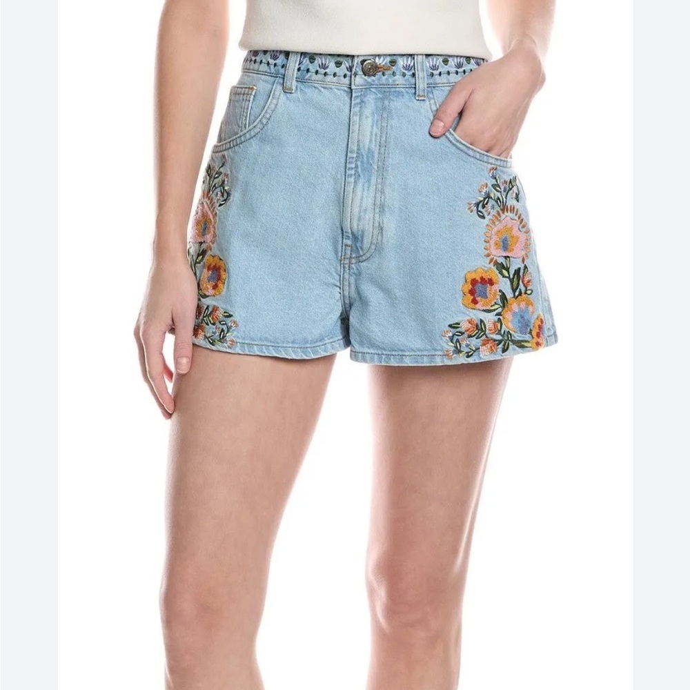 FARM Rio Blue Jean Shorts with Floral Embroidery